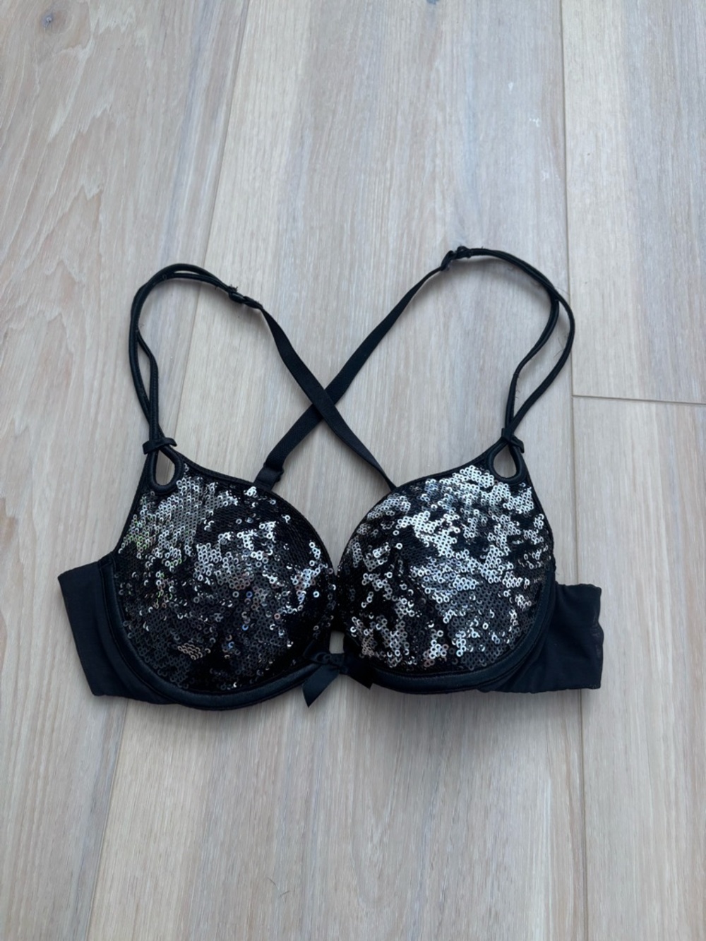 Victoria’s Secret Sequin Push Up Bra Black Silver Y2K Rhinestone 34A